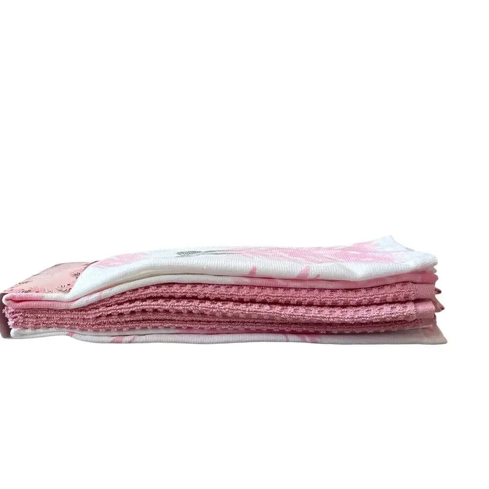Pink Christmas Tree Kitchen Towels w/ Silver Glitter Bow Set of 4 Holiday GLA6